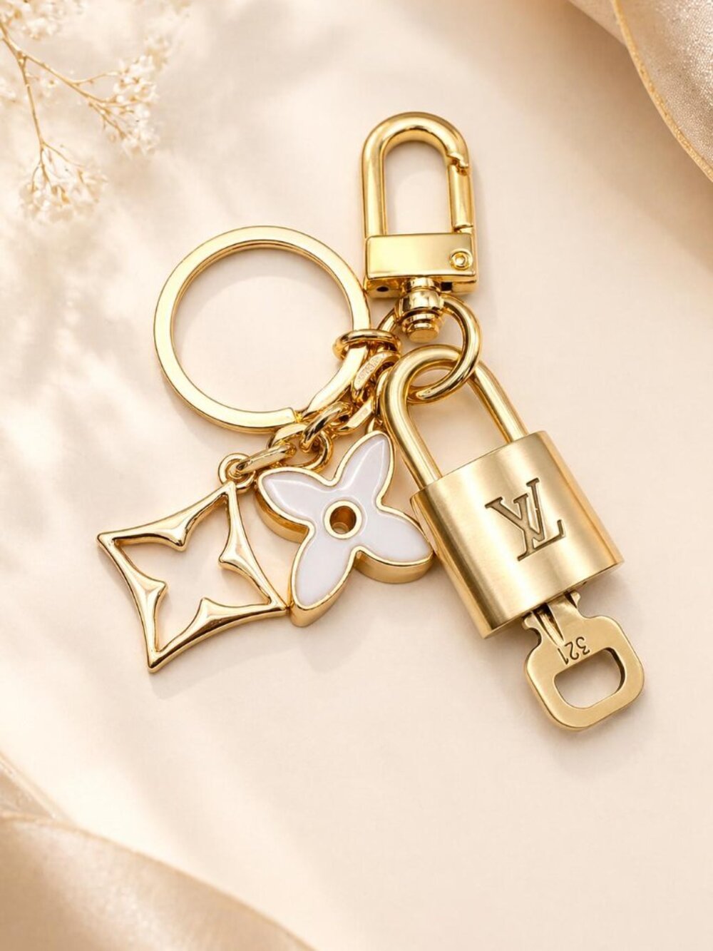 Authentic Louis Vuitton Gold Padlock 🔒Shiny LV Key + Unbranded Flower Bag Charm